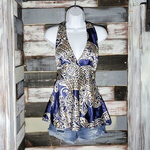 Paisley Navy and Cream Tie Back Halter Top
